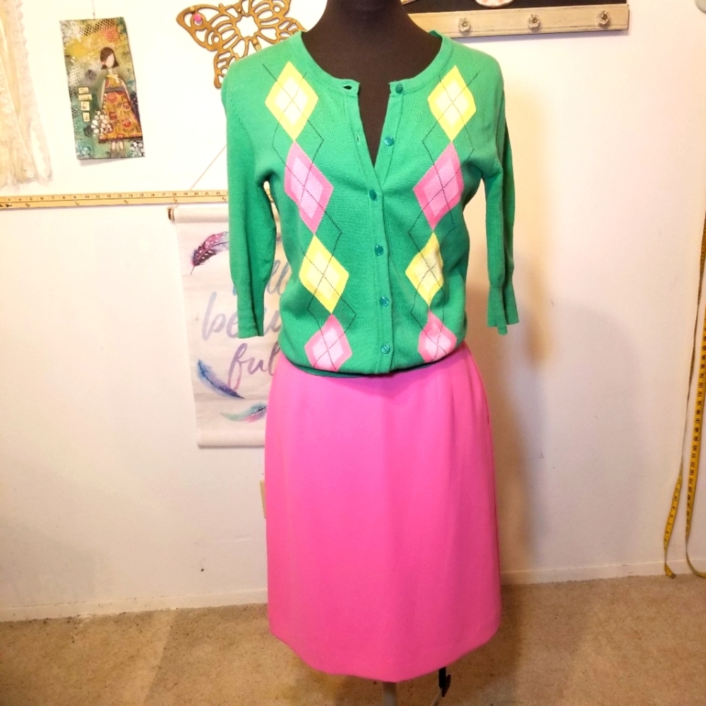 2 Two Piece Set: Merona Argyle Cardigan s and Le Suit Skirt 4 petite Green Pink